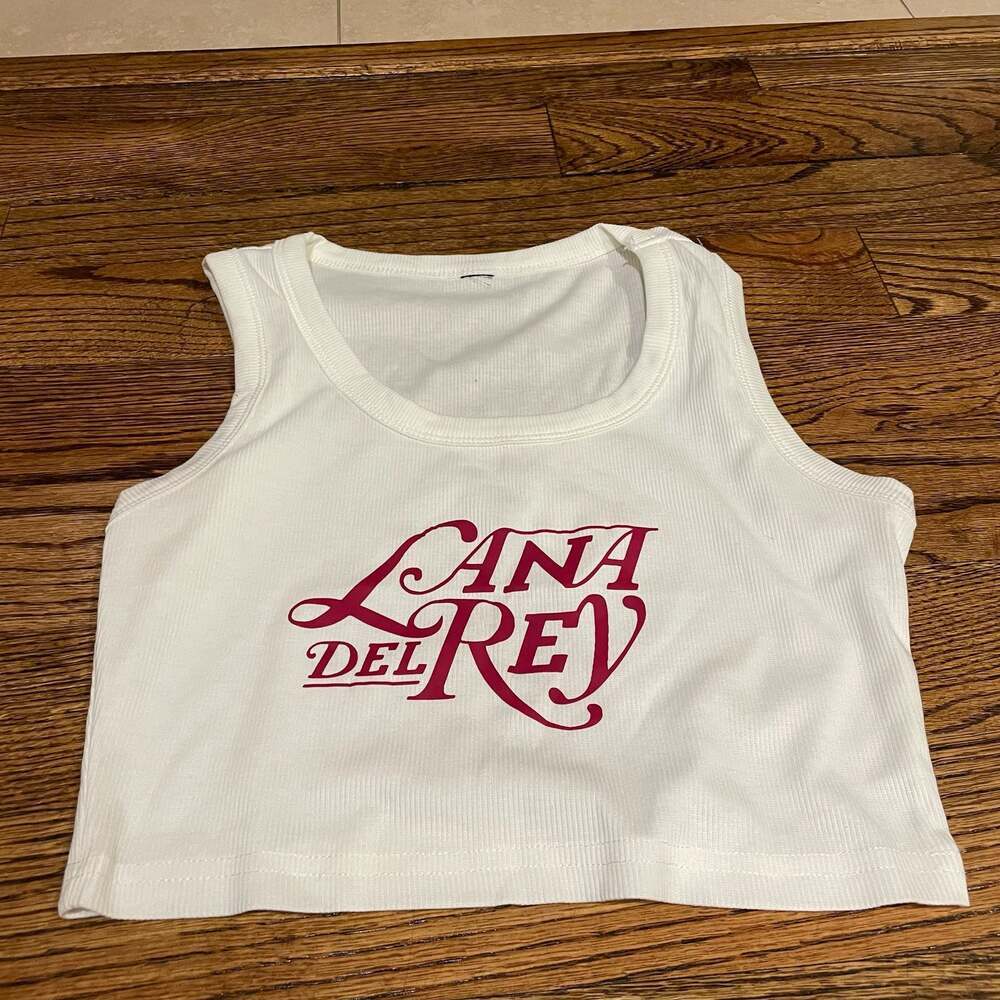 Lana Del Rey White Ribbed Graphic Cropped Tank Top